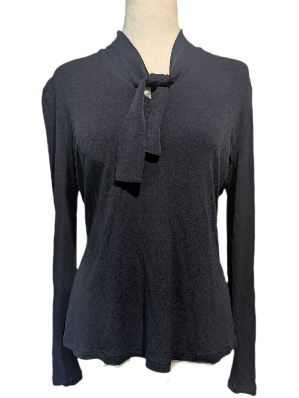 Comrags Vintage 1990's Navy Blue Stretch Jersey Long Sleeved Tie neck Top -S-